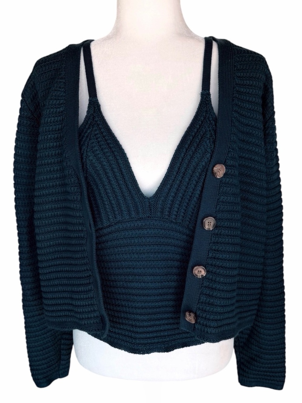 And Now This Teal Blue Green Cropped Cardigan and Cami Tank Sweater Set, Large